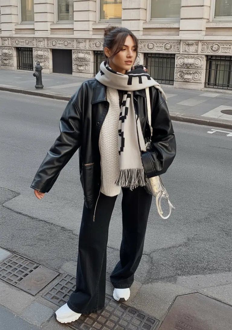 winter capsule wardrobe travel Layered Leather and Oversized Scarf