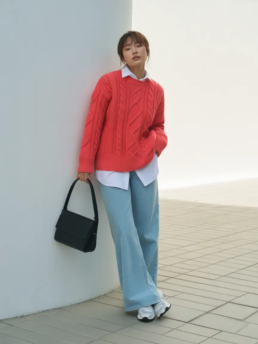 winter capsule wardrobe casual Bright Knit with Relaxed Denim