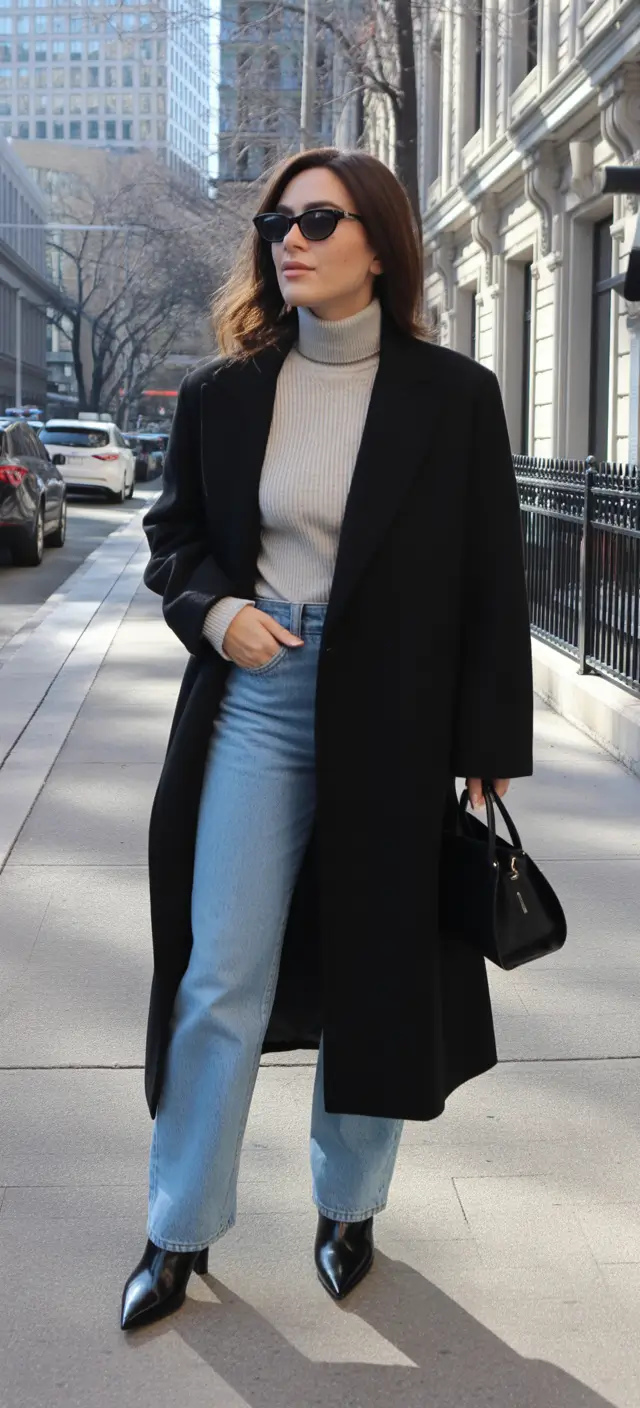 winter work outfits for women 2025 black and denim balance