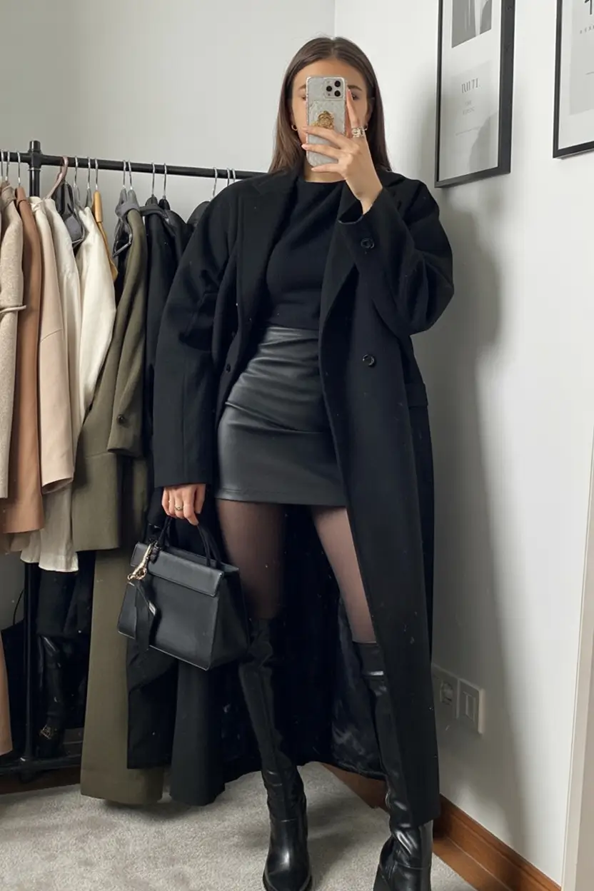 winter work outfits for women 2025 all black leather statement