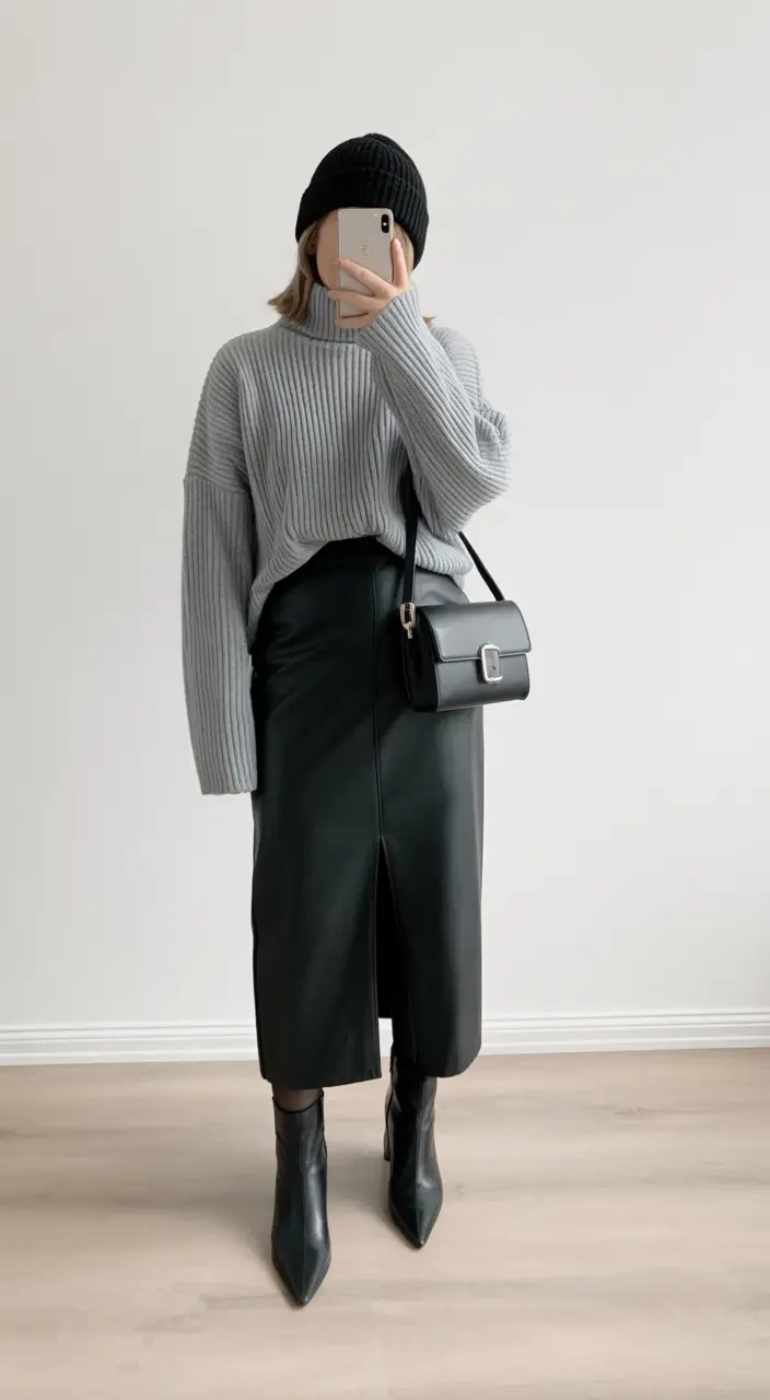 winter work outfits for women 2025 soft knit meets leather