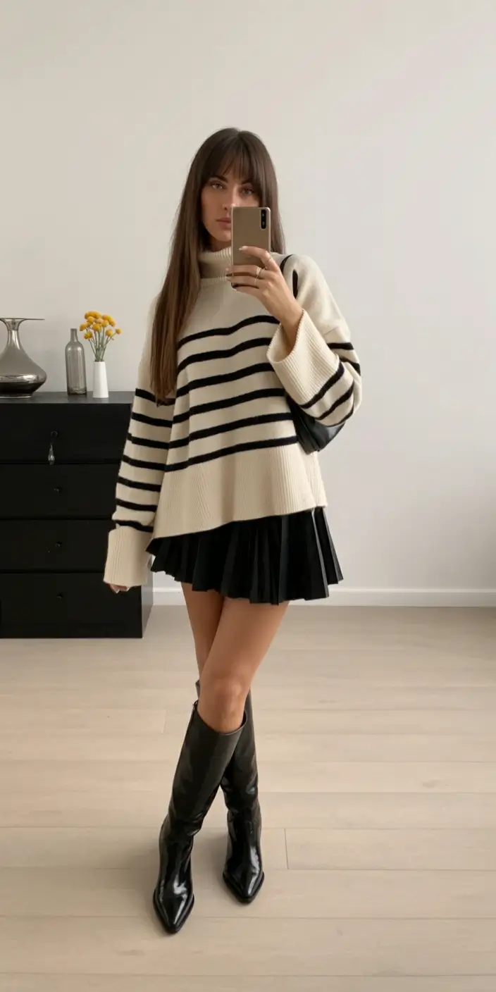 winter work outfits for women 2025 playful stripes and pleats