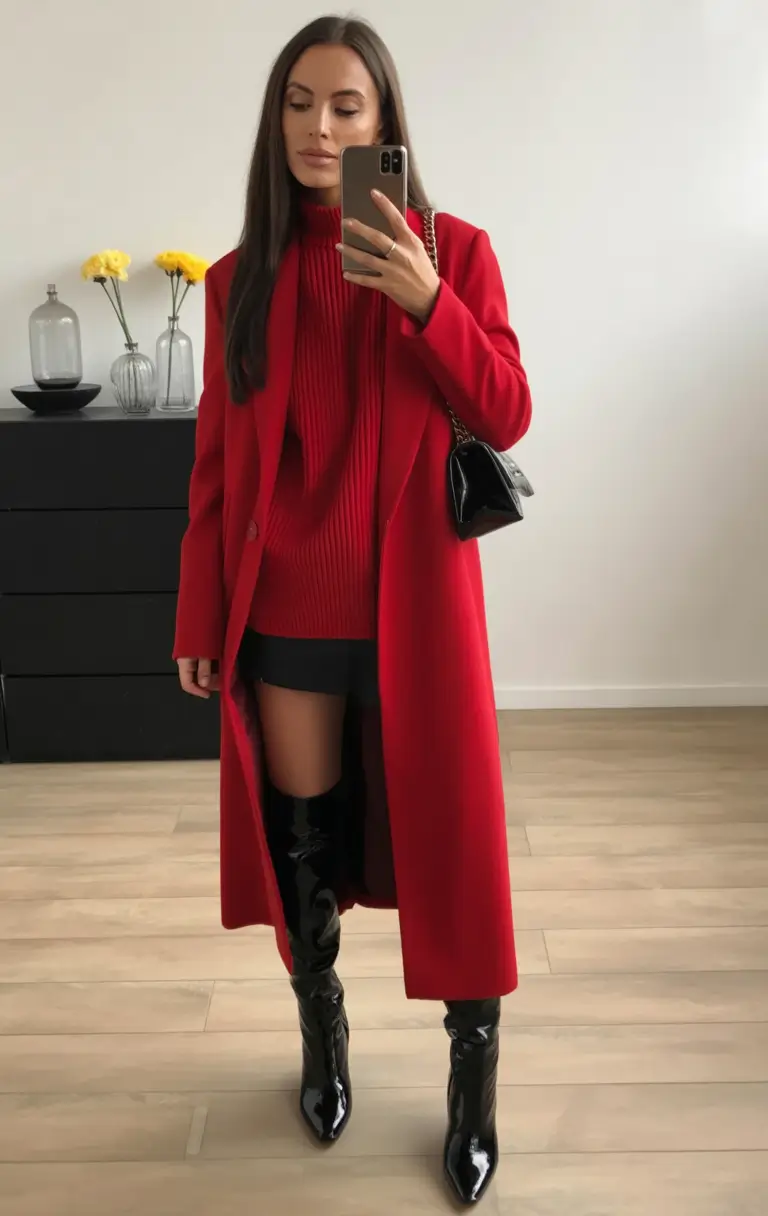 winter work outfits for women 2025 red statement layers
