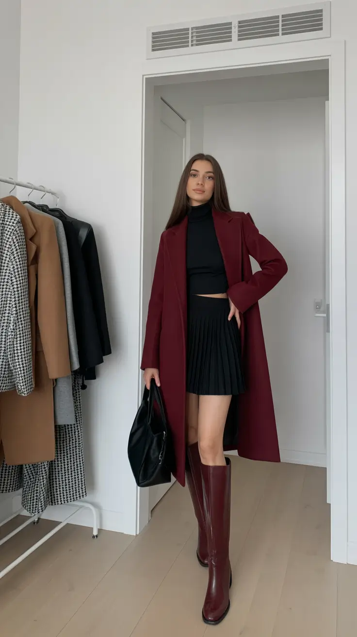 winter work outfits for women 2025 burgundy and black edge