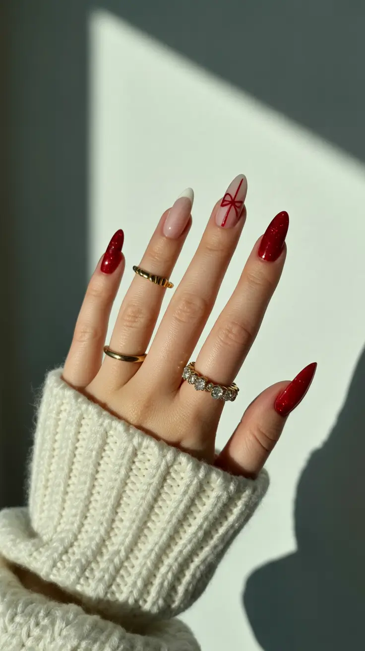 winter acrylic nails Winter Glow Red Ribbons and Sparkle