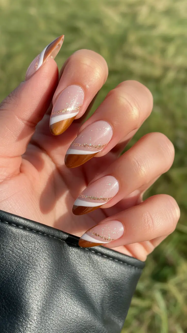 winter acrylic nails almond shape Caramel Swirl Soft and Sophisticated