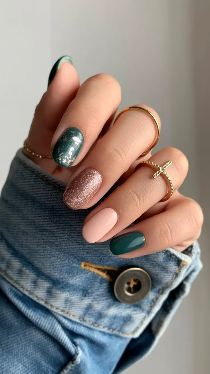 winter acrylic nails ideas Emerald Dusk Luxe Green and Gold