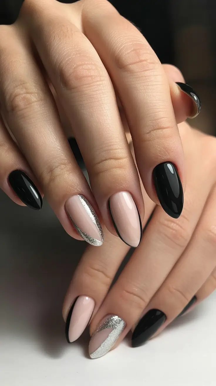 winter acrylic nails designs black and nude silver lined simplicity