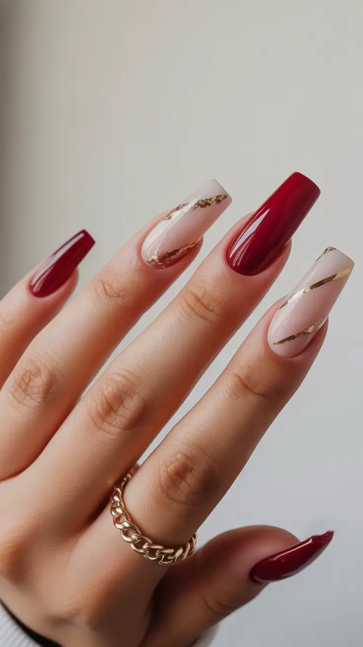 winter acrylic nails red Crimson Luxe Red and Gold Glam