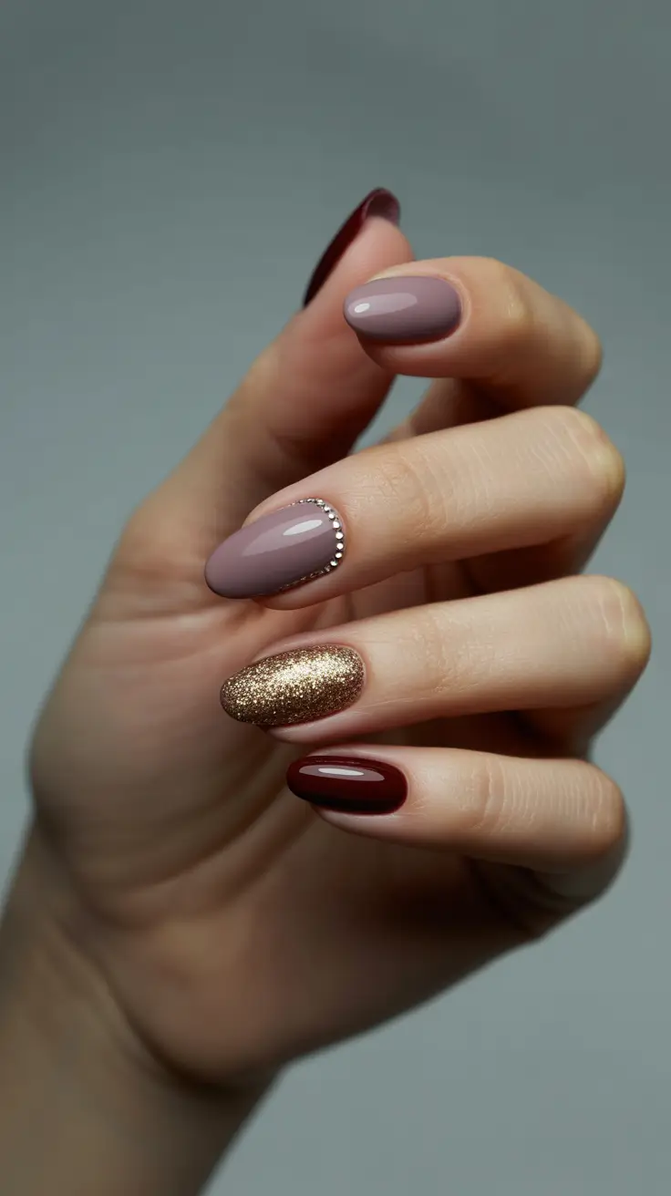 winter acrylic nails mocha sparkle gold accent