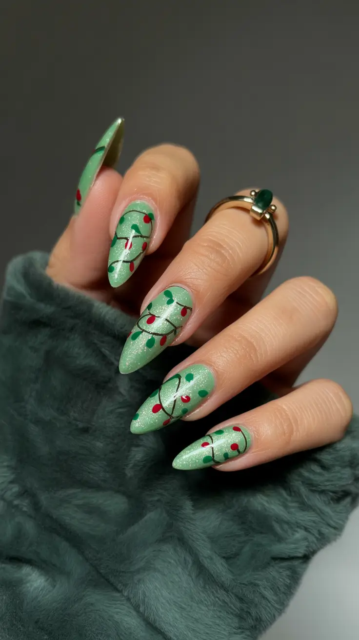 winter acrylic nails mint green Christmas lights design