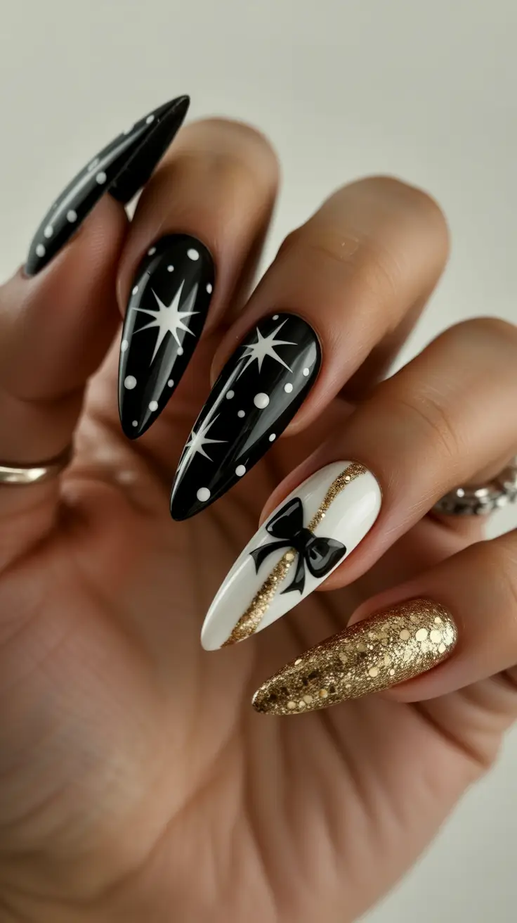 winter acrylic nails black white gold Starry Night Glam design
