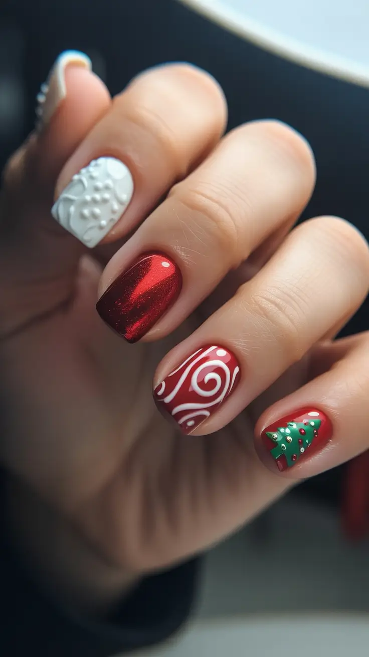 winter acrylic nails Christmas Candy Red White Joy