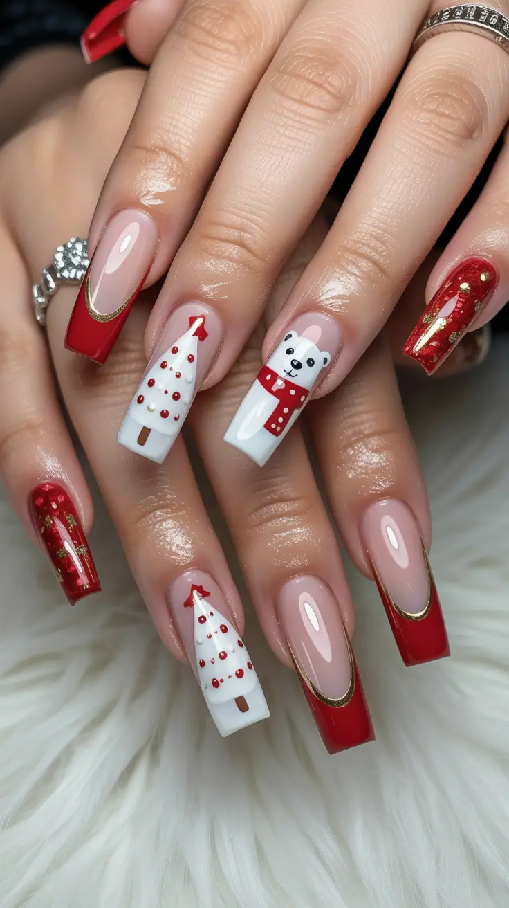 winter acrylic nails coffin Polar Dreams Red and White Wonderland
