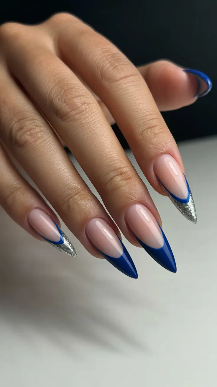winter acrylic nails blue Midnight Mirage Blue and Silver French