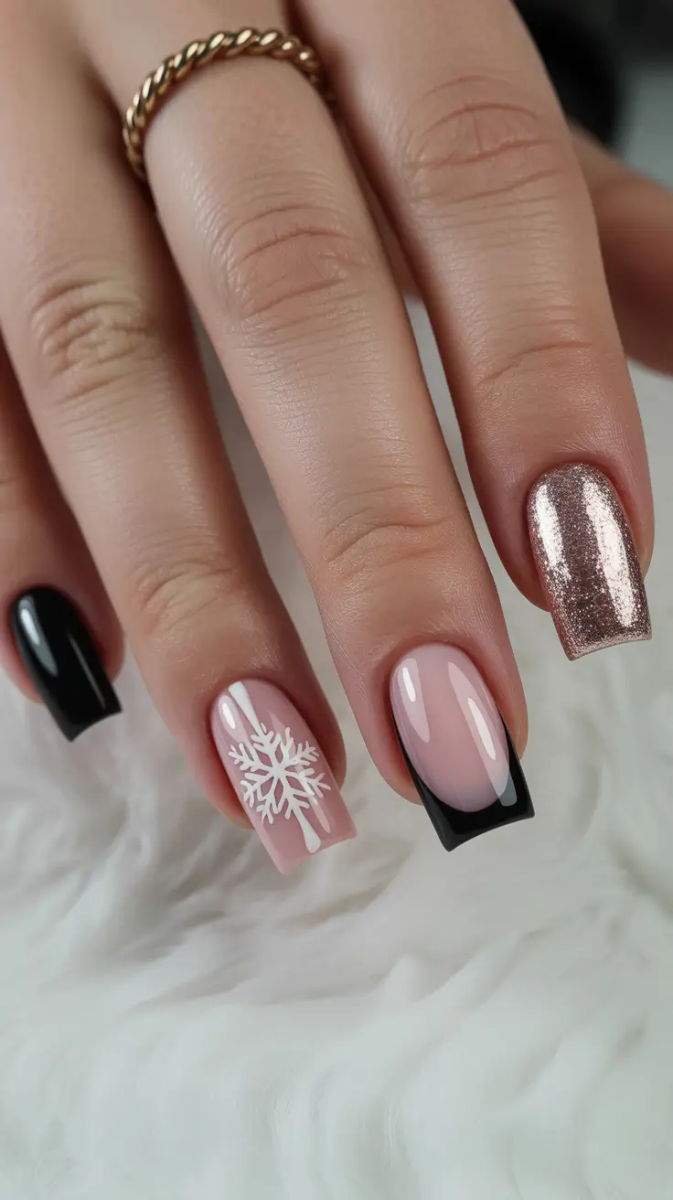 Best Gel Nails Christmas 2025 Black & Gold Snowfall