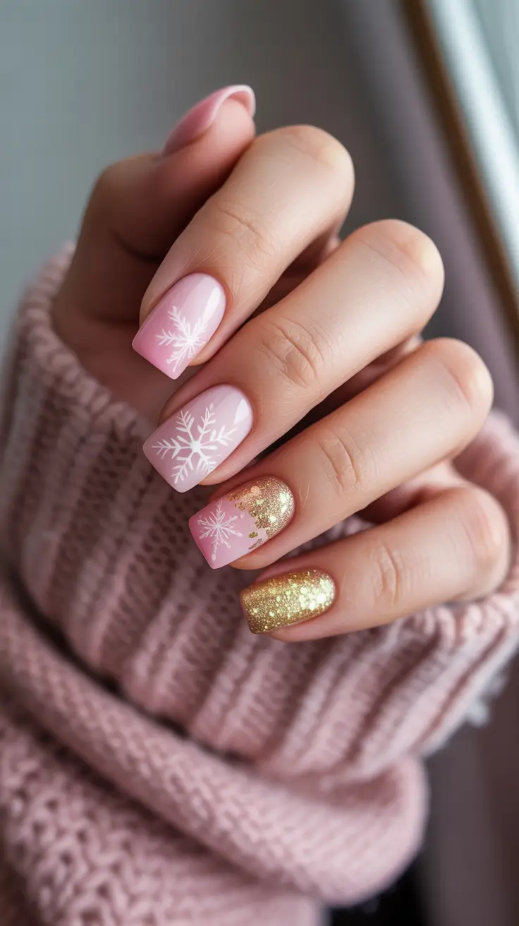 Best Gel Nails Christmas 2025 Frosted Pink & Gold Glow