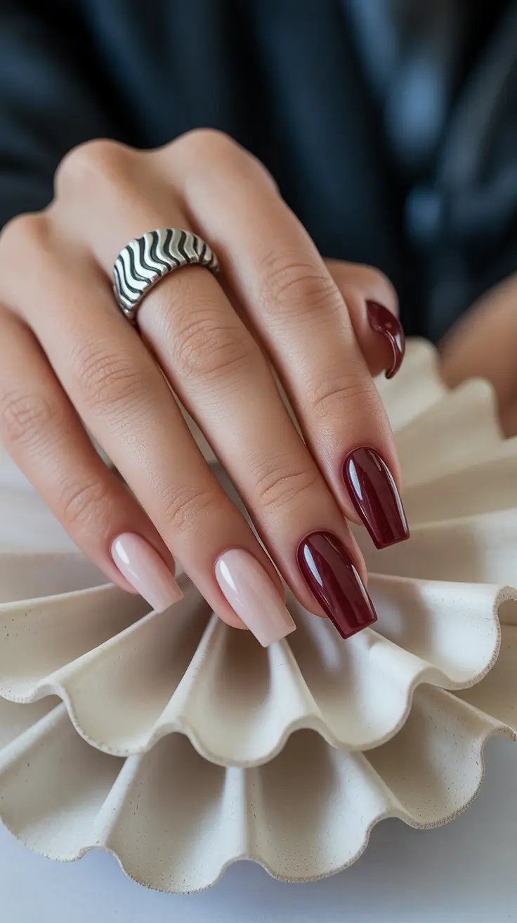 christmas nail designs 2025 Wine & Cream Duo