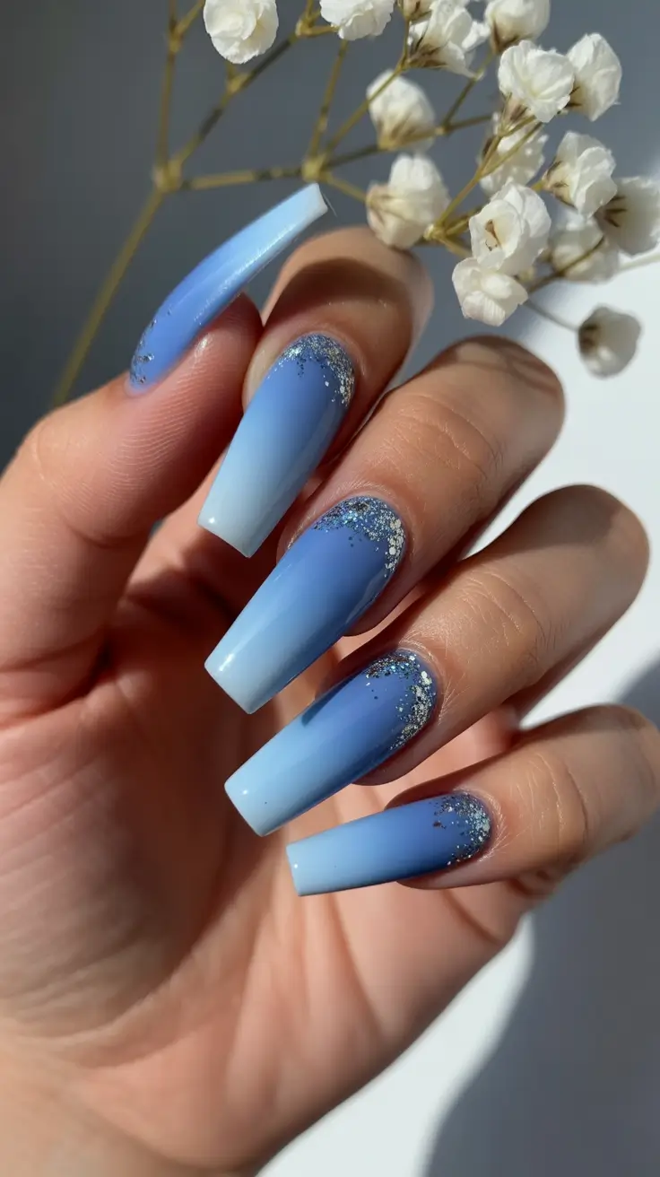 christmas nail designs 2025 Blue Ombre Sparkle