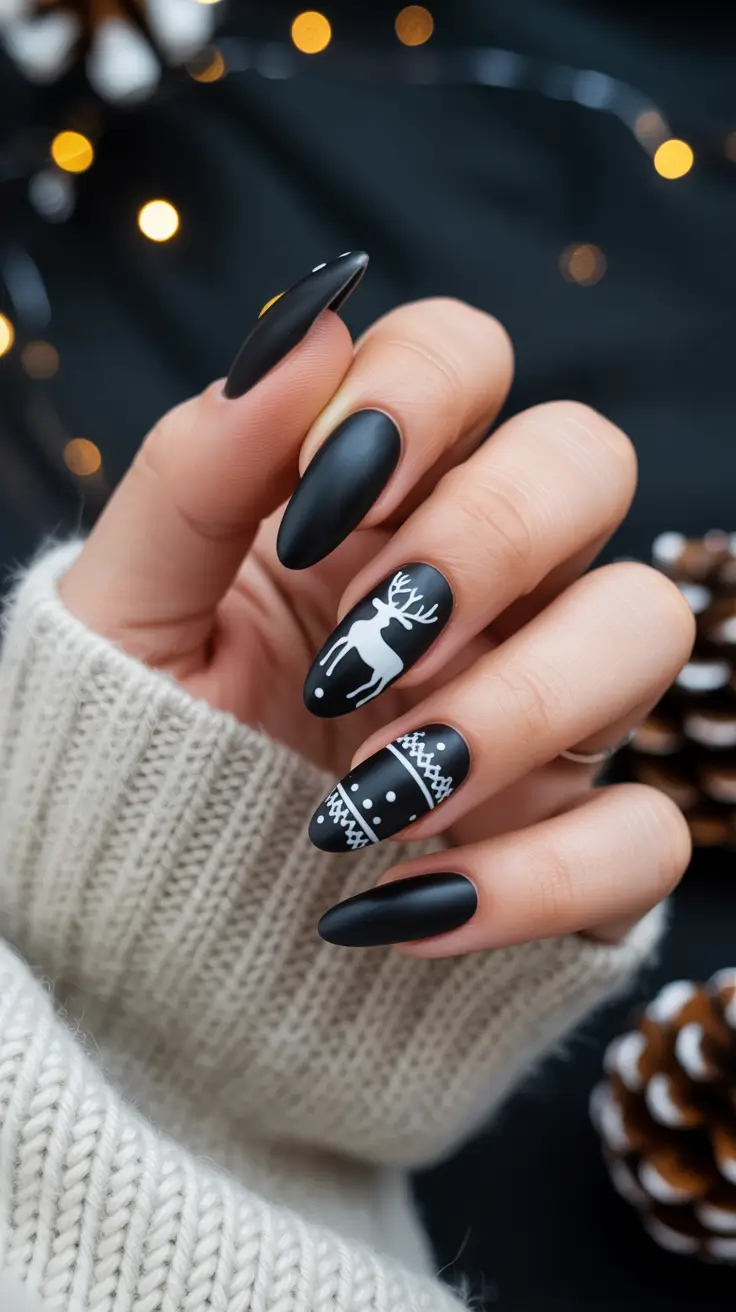 black christmas nails winter almond Matte Midnight Magic