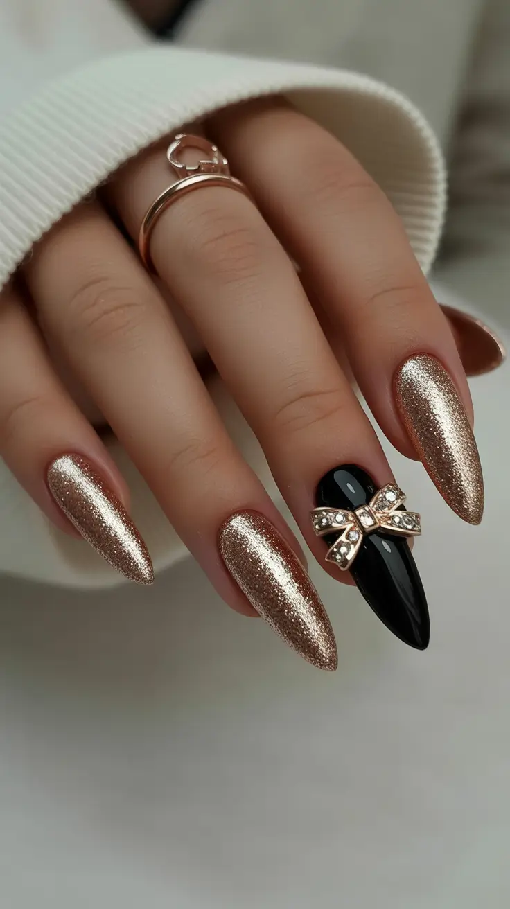black christmas nails almond Golden Ribbon Dream