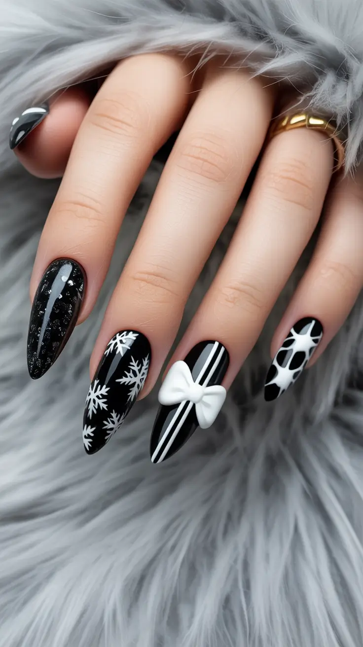 black christmas nails designs Chic Contrast Bow