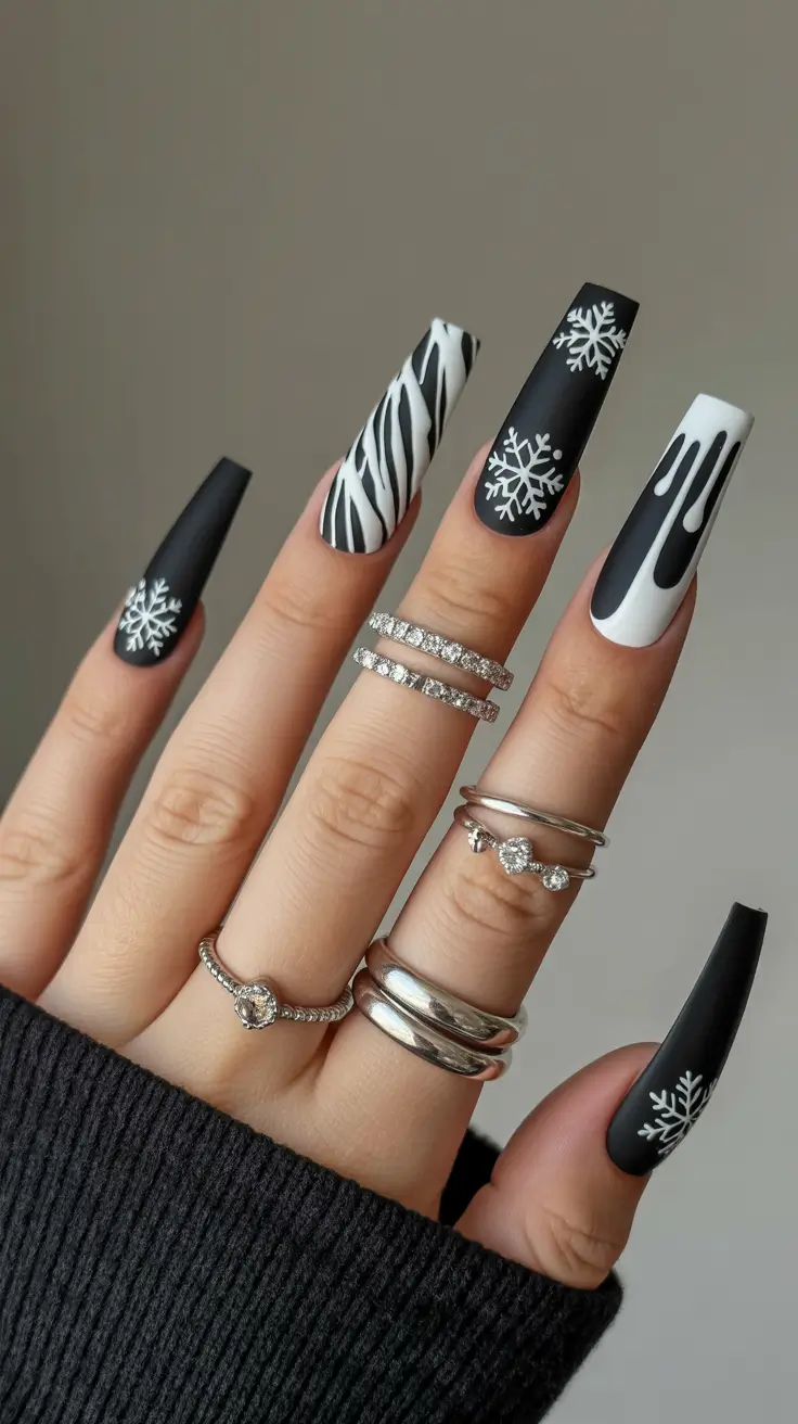 black christmas nails acrylic short Frosted Zebra Elegance