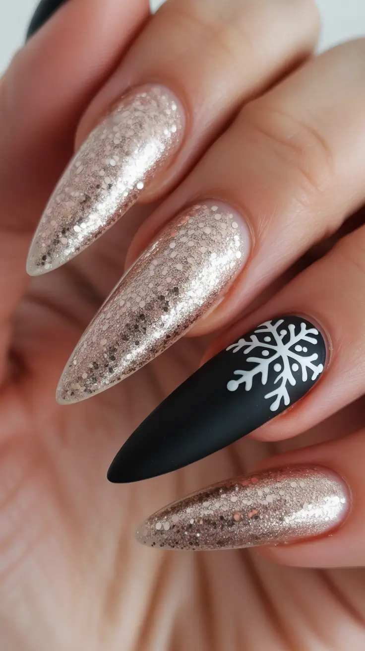 black christmas nails almond Champagne Frost