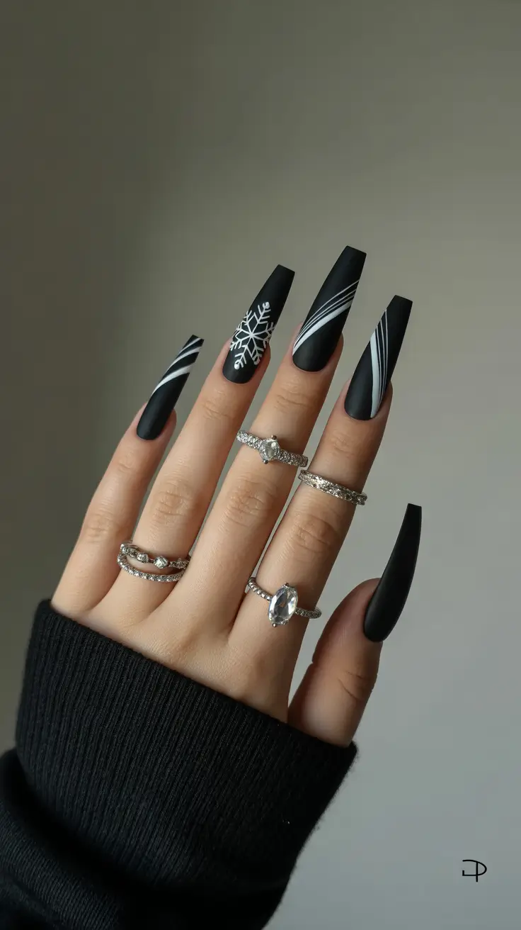 black christmas nails simple Velvet Snow Lines