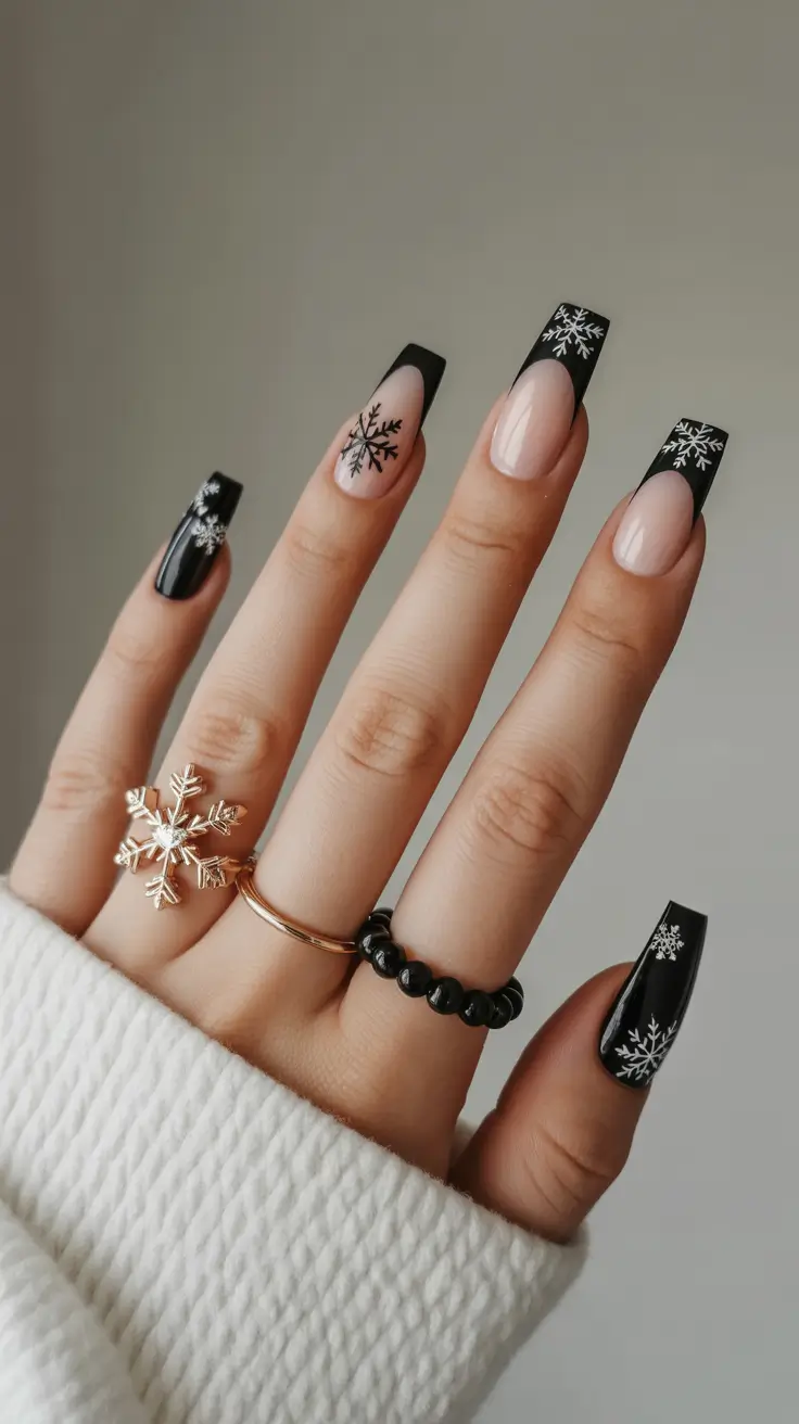 black christmas nails winter short Classic Snow French