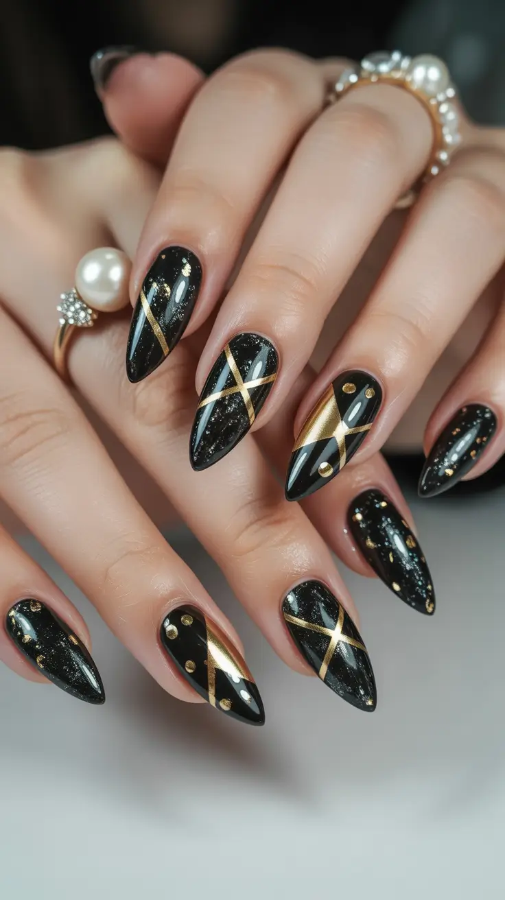 black christmas nails acrylic Golden Gala Night