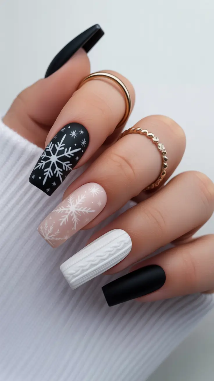 black christmas nails simple Snowflake Serenity