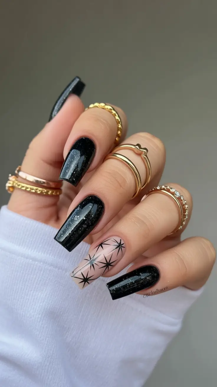 black christmas nails coffin Starlit Spark