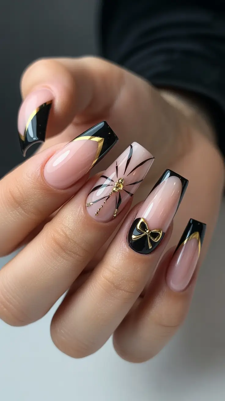 black christmas nails designs Golden Gift Wrap