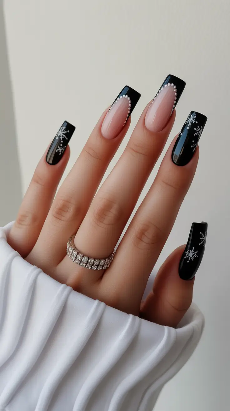 black christmas nails winter short Snowflake French Glam