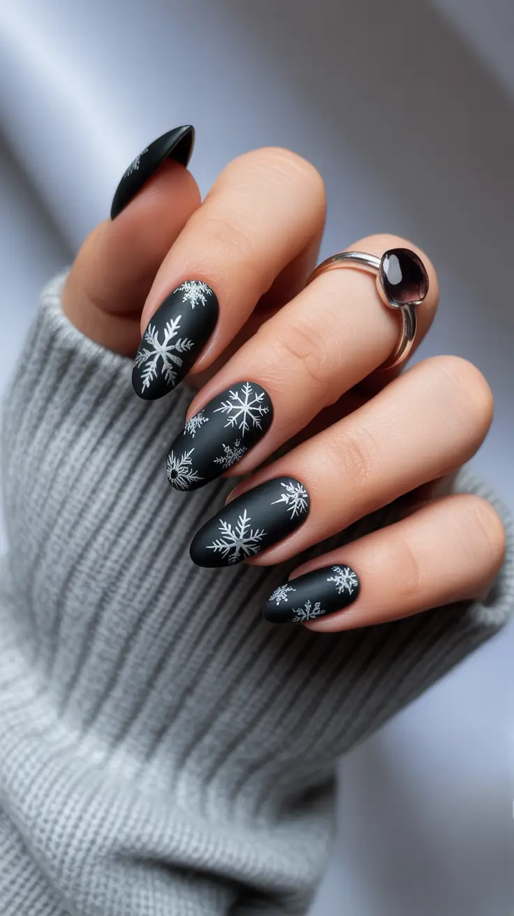 black christmas nails almond Matte Blizzard Beauty