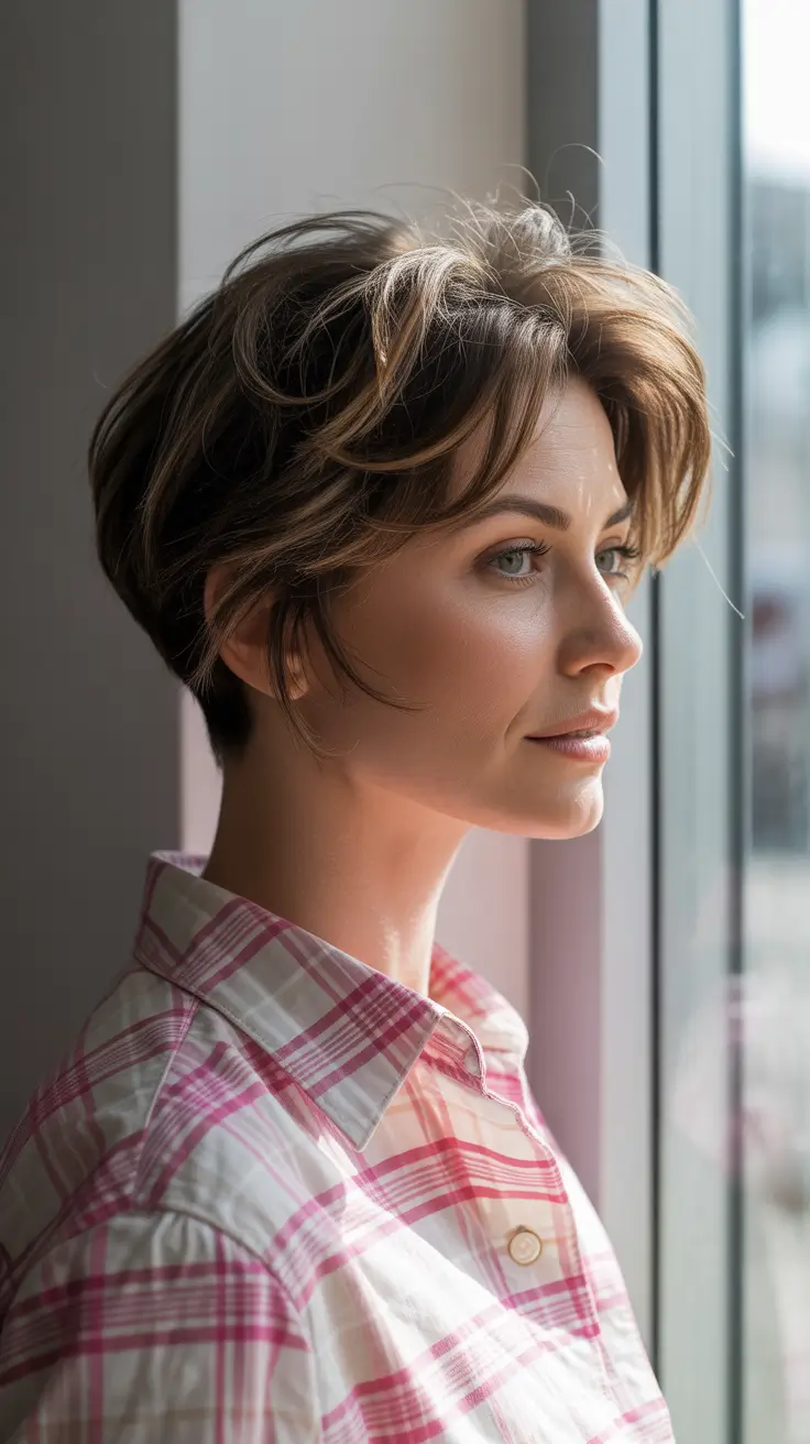 pixie bob haircut winter Layered Caramel Bob-Pixie