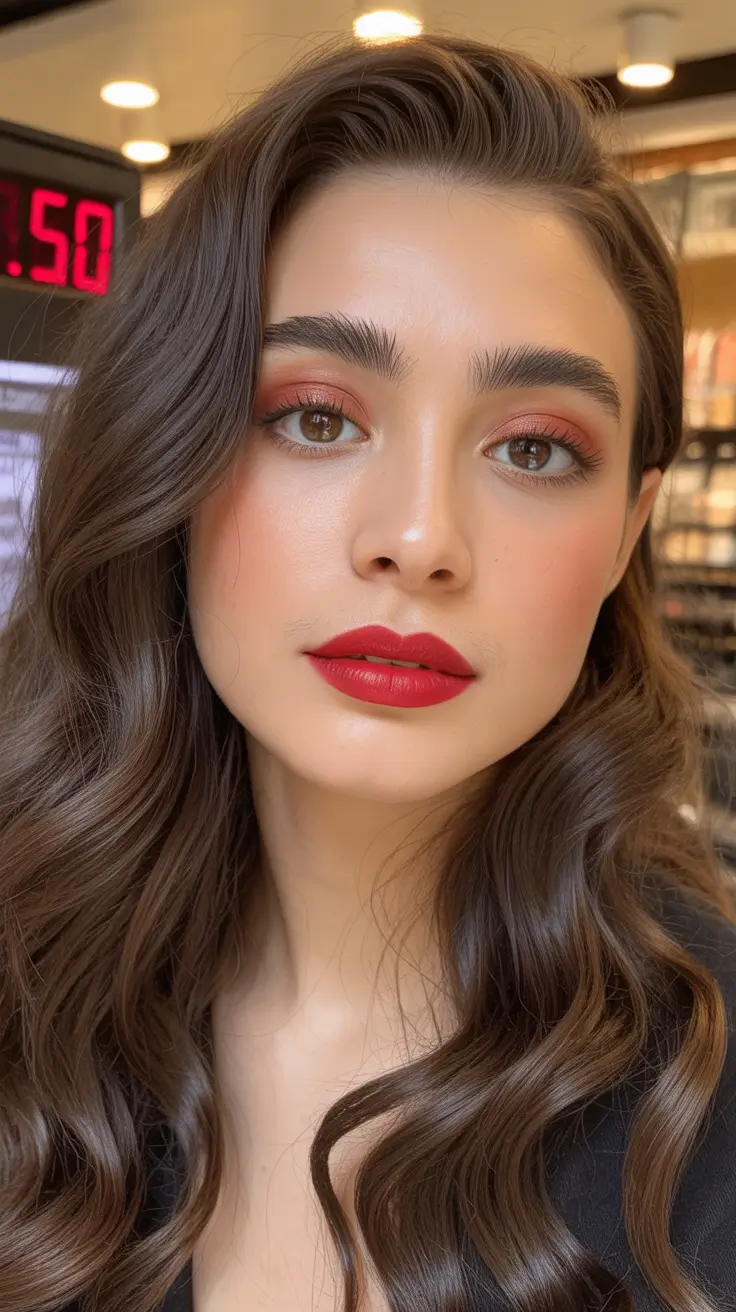 Christmas Hairstyles Trends 2025 Soft Hollywood Waves with Red Lips