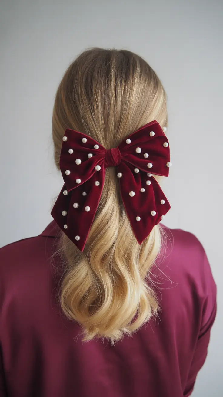 Christmas Hairstyles Trends 2025 Velvet and Pearls Half-Up Glow