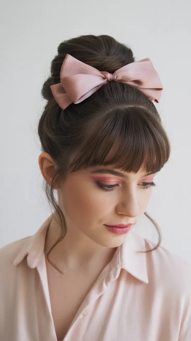 Christmas Hairstyles Trends 2025 Rosy Top Knot with a Satin Bow