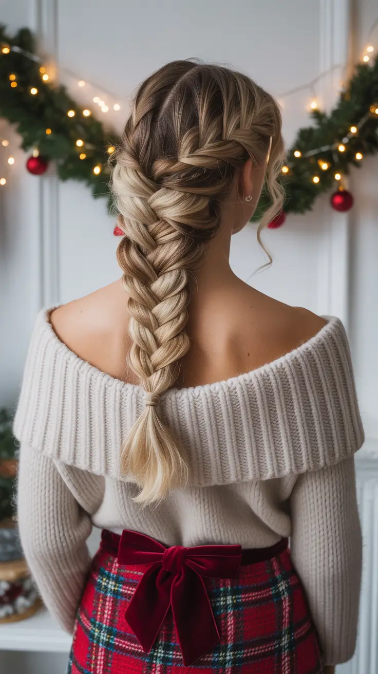 Christmas Hairstyles Trends 2025 Classic Braided Elegance with a Velvet Bow