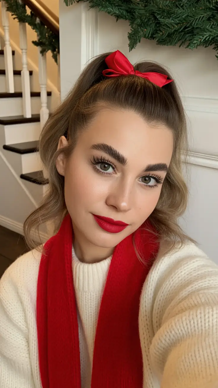 Christmas Hairstyles Trends 2025 Playful Ponytail with a Red Ribbon