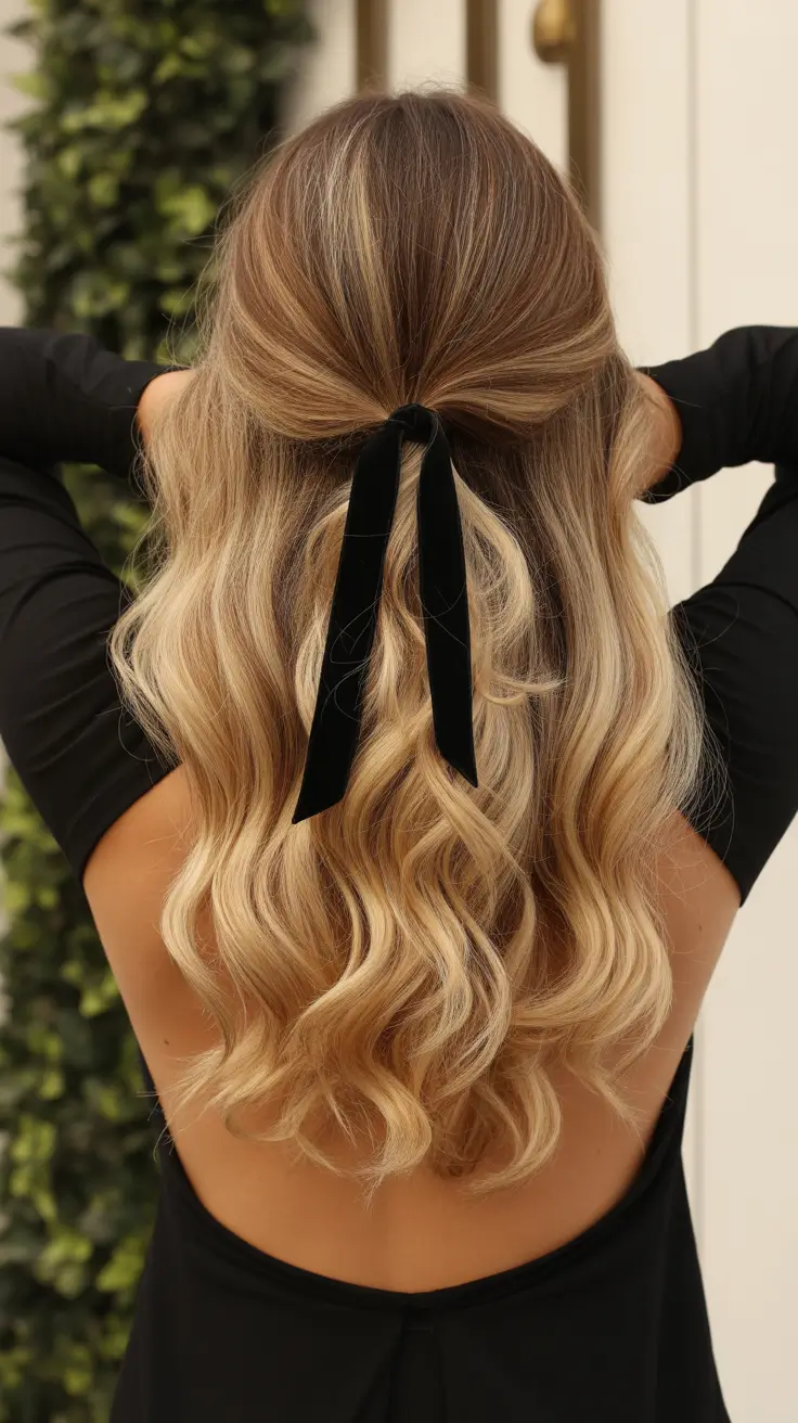 Christmas Hairstyles Trends 2025 Half-Up Glam with Velvet Detail