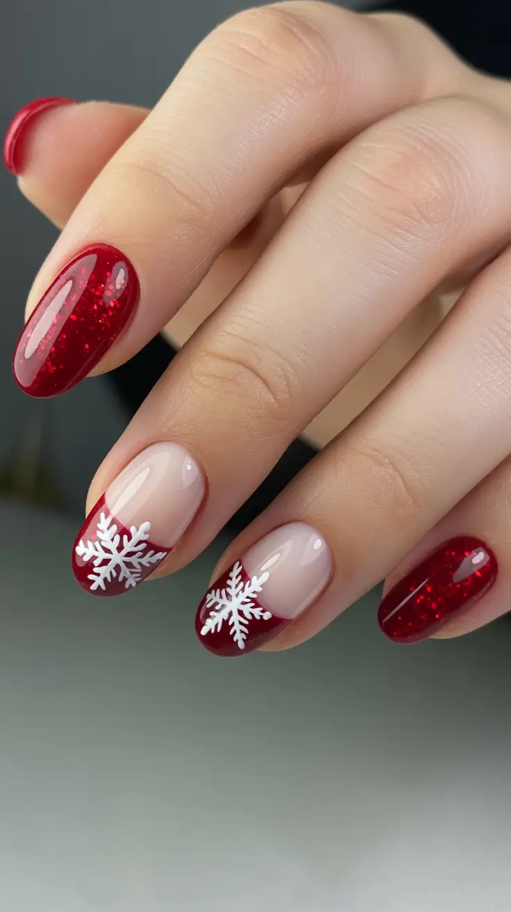 Christmas Nail Art 2025 Snowflake Sparkle Red Tips