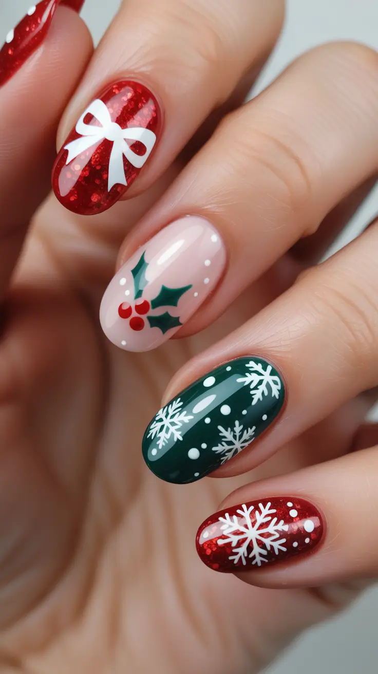 Christmas Nail Art 2025 Holiday Bow and Snowflake Medley