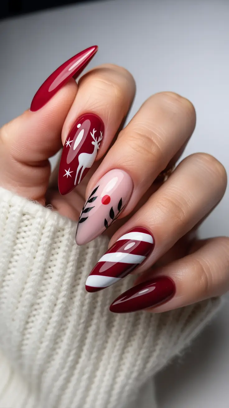 Christmas Nail Art 2025 Candy Cane and Reindeer Whimsy