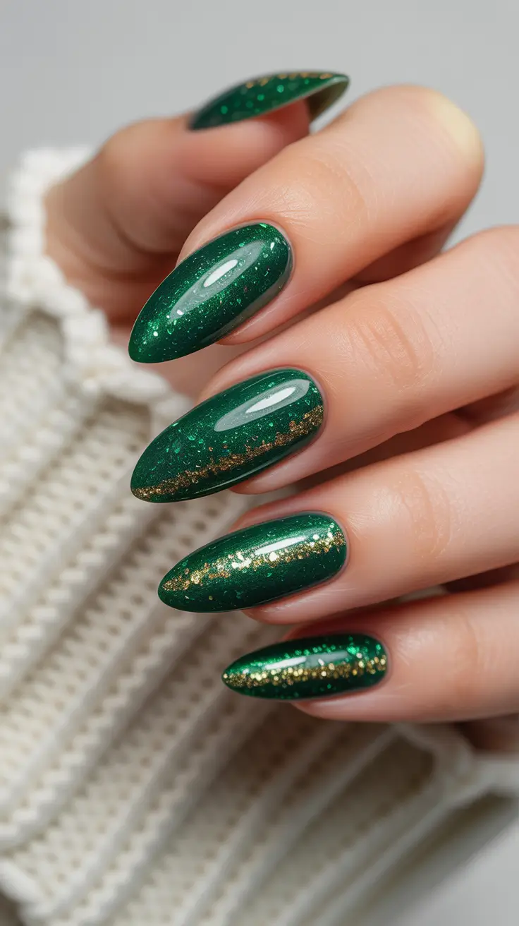 Christmas Nail Art 2025 Emerald Shine with Golden Edge