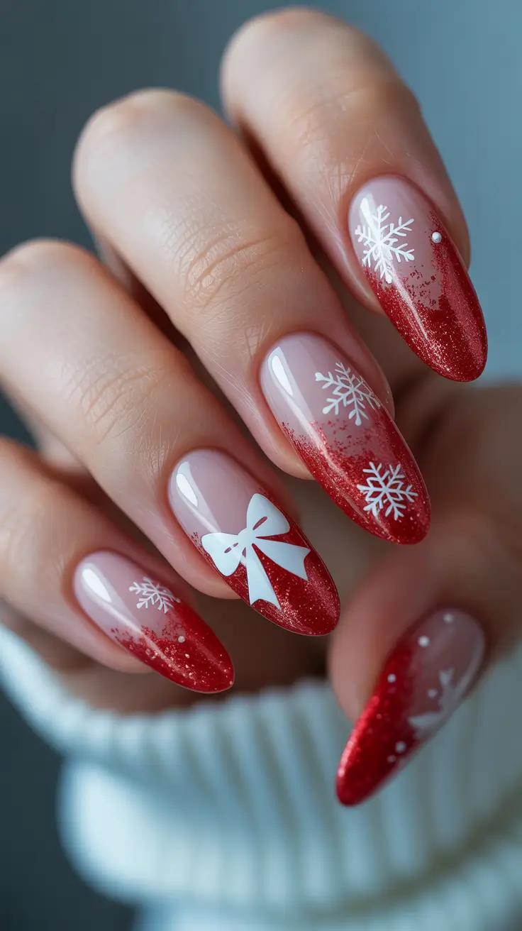 Christmas Nail Art 2025 Red French Tips Snowflakes
