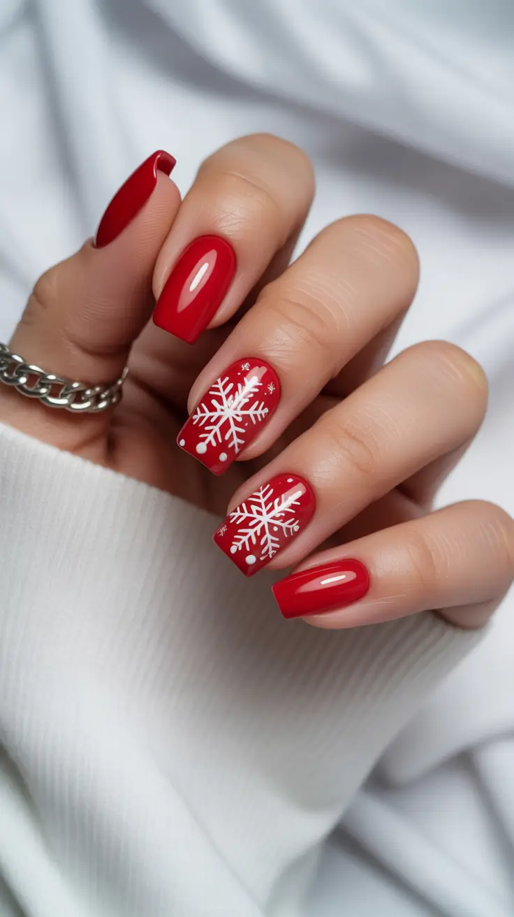 Christmas Nail Art 2025 Classic Red Snowflake