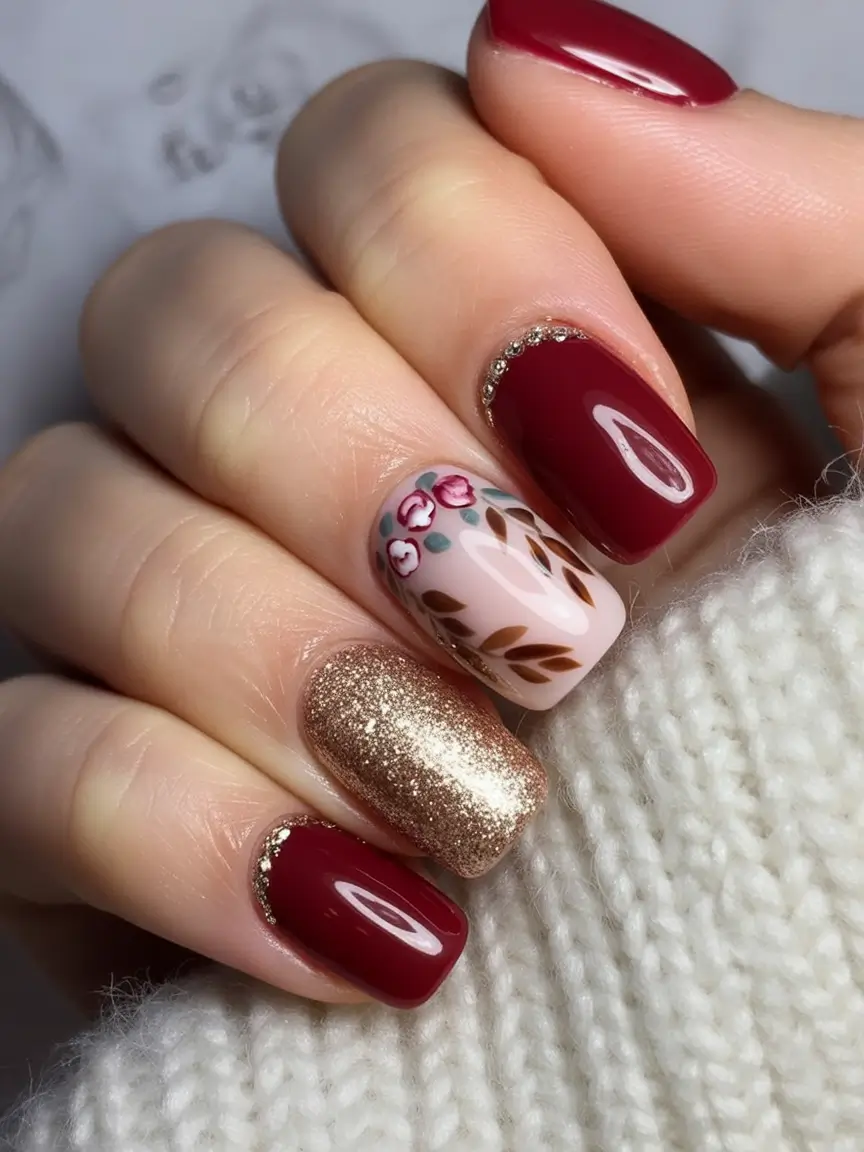 Christmas Nail Art 2025 Burgundy Gold Floral